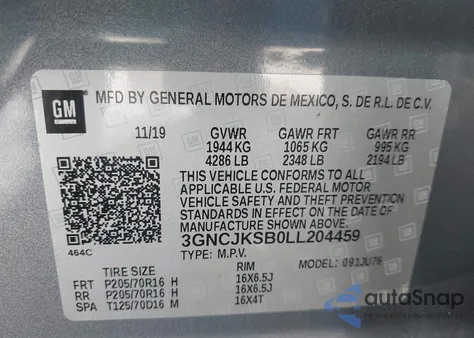 2020 Chevrolet Trax Fwd Ls z USA, uszkodzony, nr VIN 3GNCJKSB0LL204459